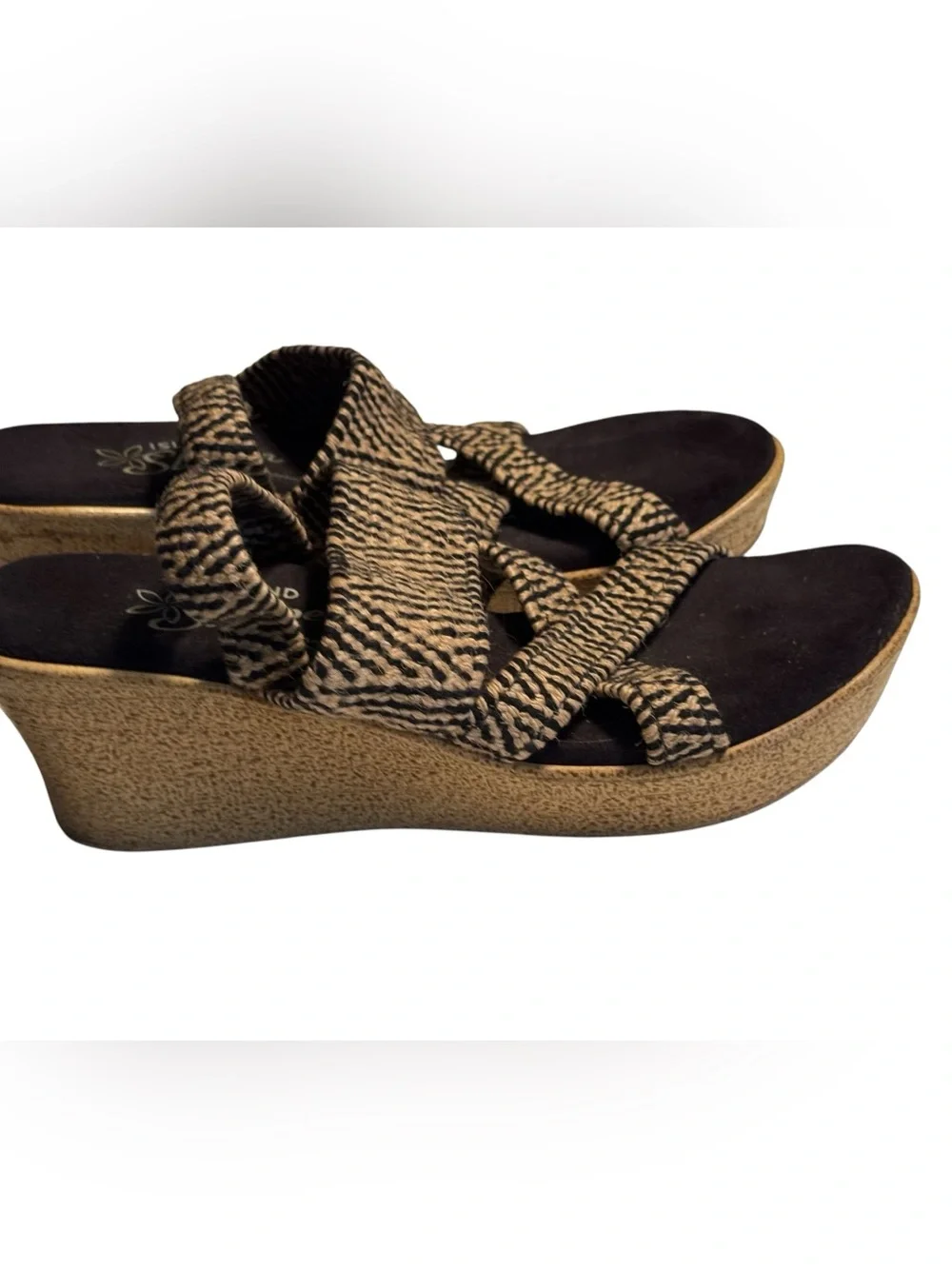 Patterned Black & Tan Strappy Island Slipper Healed Sandals Women’s 8 Hawaii